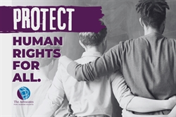 Image with the text "Protect Human Rights for All" superimposed on people facing away and linking arms Image with the text "Protect Human Rights for All" superimposed on people facing away and linking arms